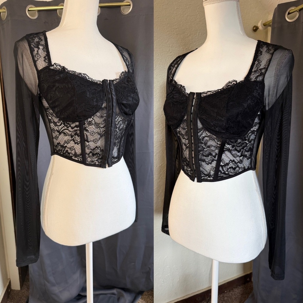 Black Lace Corset Crop Top Sheer Mesh Long Sleeve Hook Eye Front Gothic - Picture 3 of 7